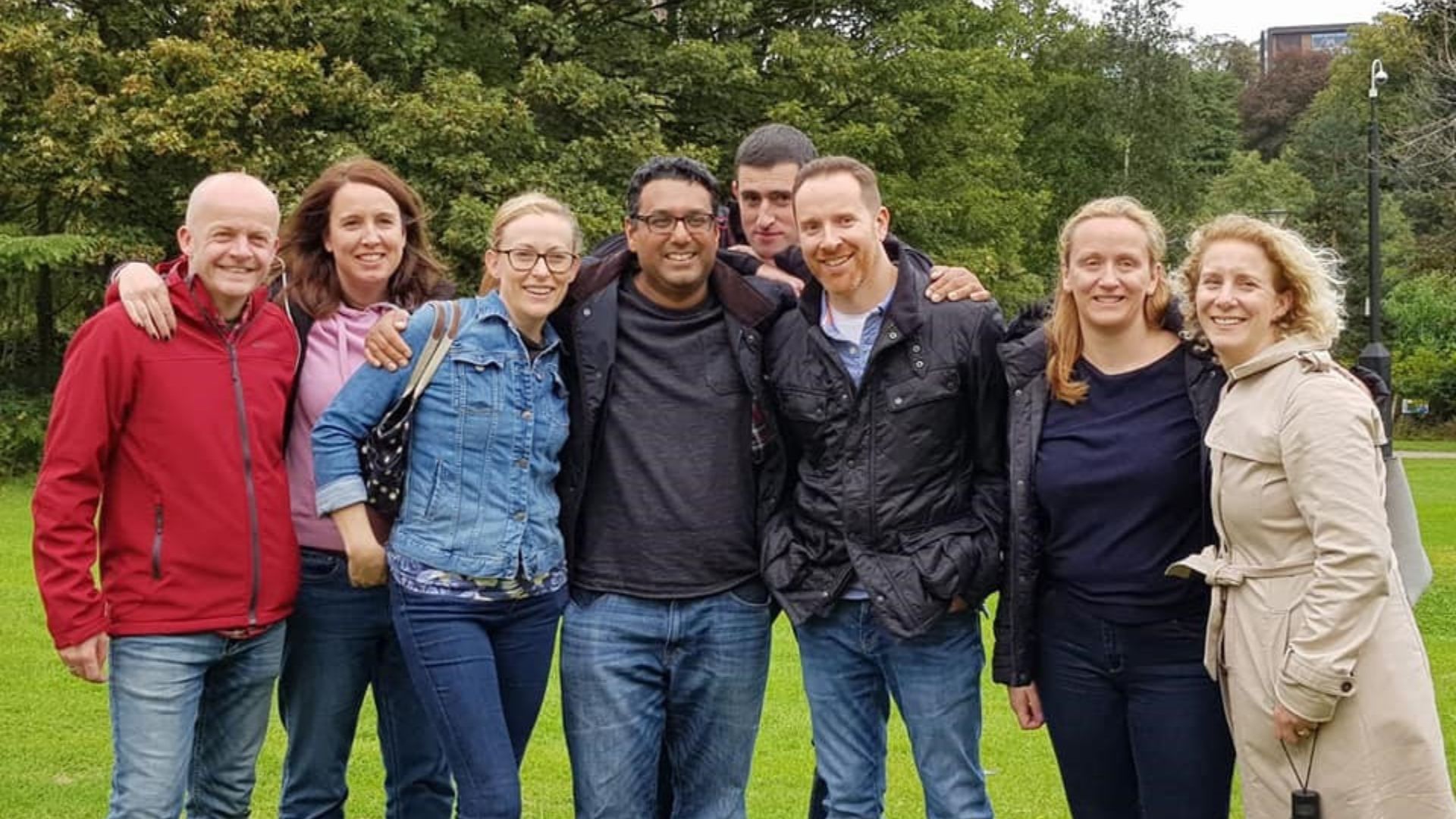 Jay (centre) and friends on the Vale during their 25th anniversary reunion in 2019 (L-R - Michael, Sarah, Catherine, Jay, JJ, Rupert, Elaine and Emma).