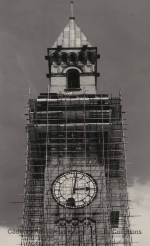 The top of Old Joe clock tower with scaffolding