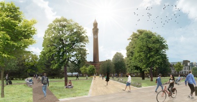 artist impression of the Green Heart on campus, Old Joe clock tower, trees, pathway with students walking and cycling