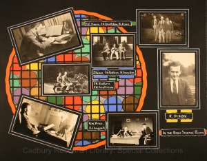 Scrapbook created by student in 1930s, showing black and white photos of students on bikes, at desks etc