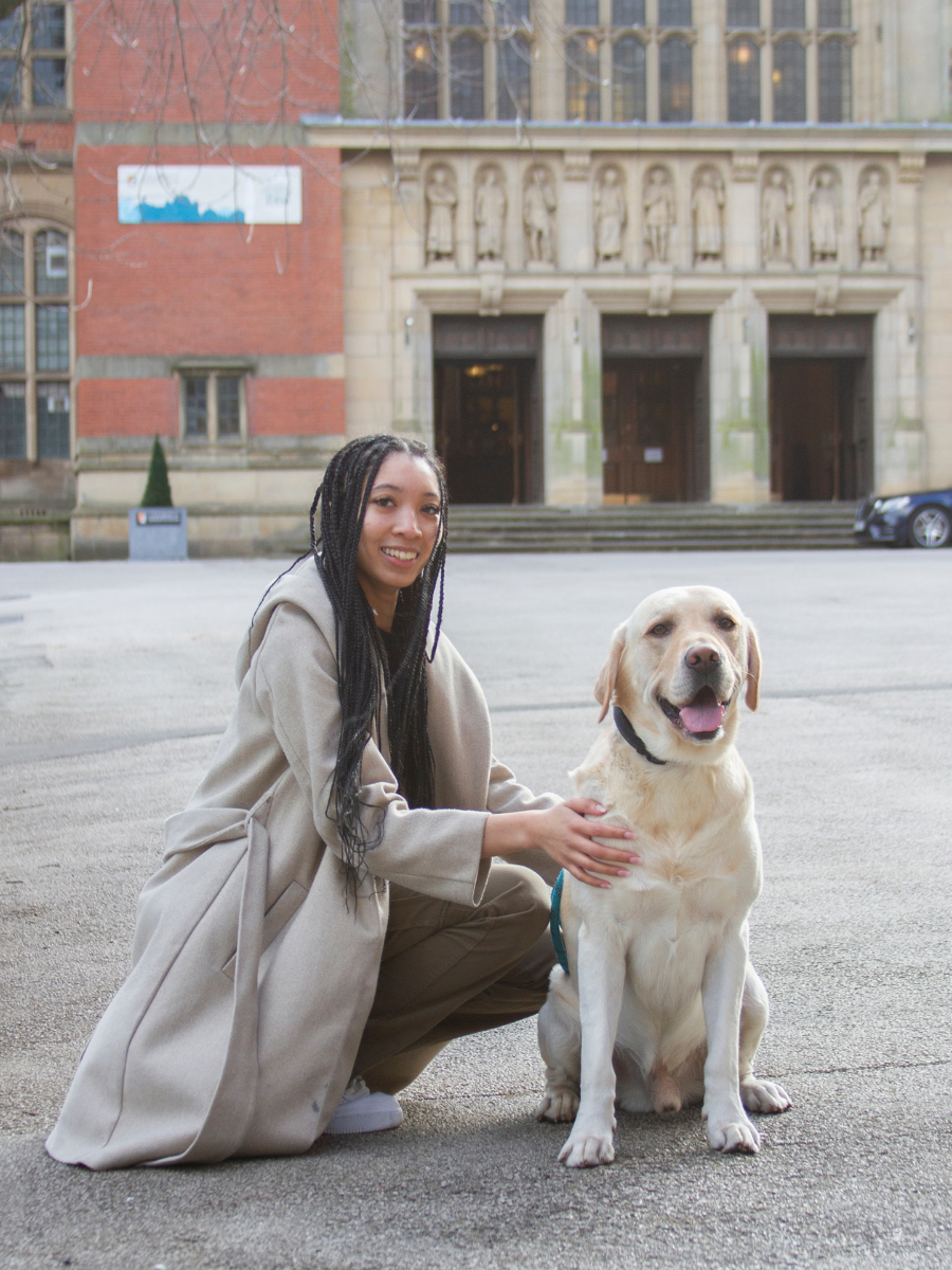 Hannah Osei and Zeus on campus