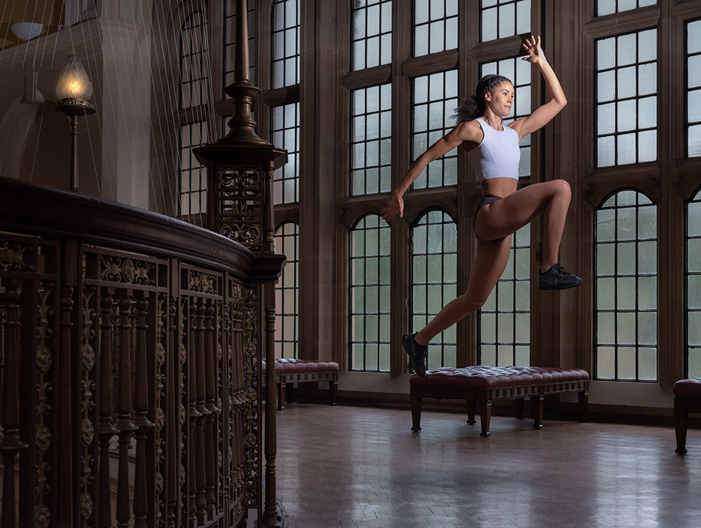 High jumper Laura Zialor in the Aston Webb building, University of Birmingham