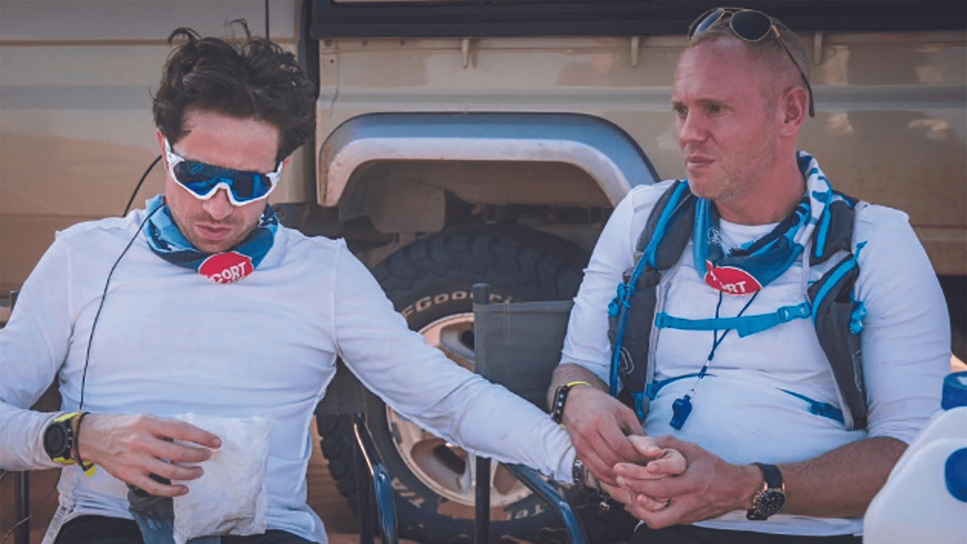 Nick Grimshaw (TV and radio presenter) and Rob Rinder (ITV’s Judge Rinder) during their gruelling 100-mile expedition across the Namib Desert in aid of Sport Relief in 2020.