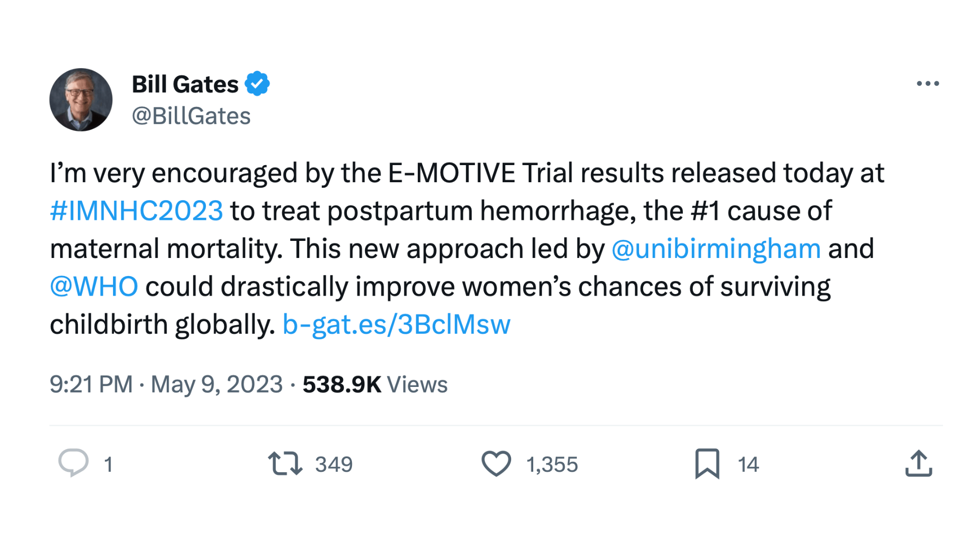 Tweet from Bill Gates about the success of the E-MOTIVE trial 