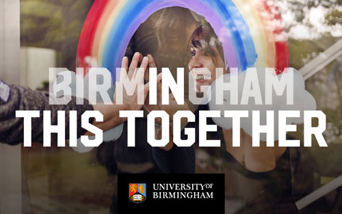 The words Birmingham In This Together, with a woman touching hands with someone through a window, under a painted rainbow