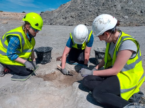 Researchers excavating dinosaur footprints