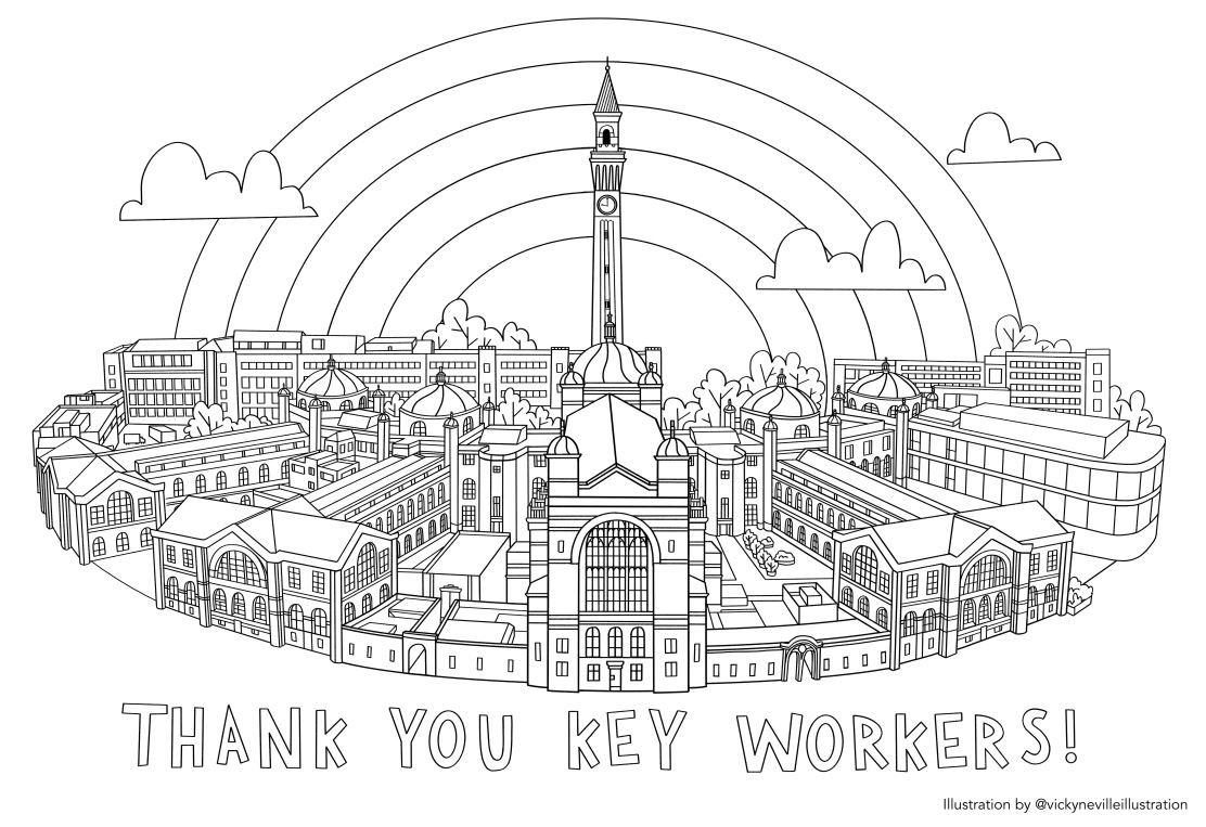 Colouring sheet of Birmingham campus with rainbow and words Thank you key workers