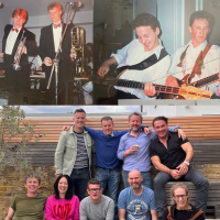 Image split into 3 photos. Top two are from 'Swing Your Pants' performances in the 1990s. The bottom photo is of the band's reunion in 2023. 