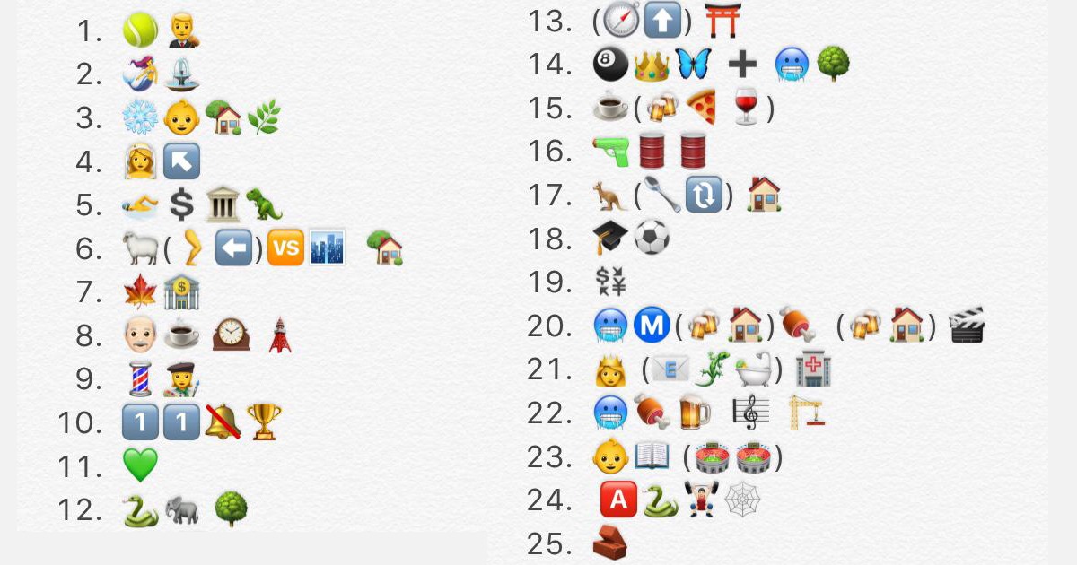Emojis of: 1. Tennis Ball, Judge 2. Mermaid, Fountain 3. Snowflake, Baby, House, Leaf 4. Bride, Arrow Pointing Top Left 5. Swimmer, Money Sign, bank, dinosaur 6. Sheep (leg arrow pointing left) VS City, house 7. Maple leaf, bank. 8. Old man, coffee, clock, rocket. 9. Barber Shop sign, artist. 10. 1, 1, no bell, award. 11. Green Heart 12. Snake, Elephant, Tree 13. (North, arrow up) gate 14. Eight ball, crown, butterfly plus freezing tree, 15. Coffee (Beer pizza wine) 16. Gun, Barrel, Barrel 17. Kangaroo (spoon, up and down arrow) House 18. Graduation cap and soccer ball 19. Exchange 20. Cold face, M (Beer house) ham (beer house) film 21. Queen (envelope lizard bath) hospital 22. Cold face, ham, beer 23. Baby, book (pitch, pitch) 24. A, snake, weight, 25. Bricks