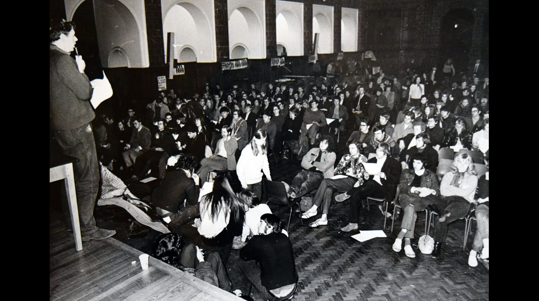 Students congregate in the Great Hall of Aston Webb