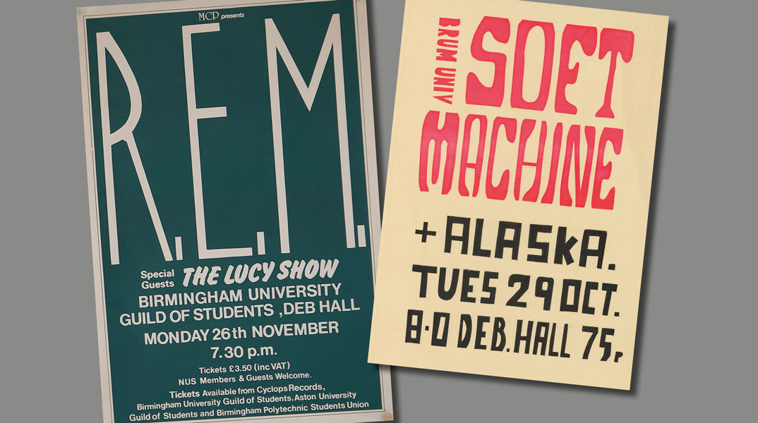 Posters for REM and Soft Machine at the University of Birmingham